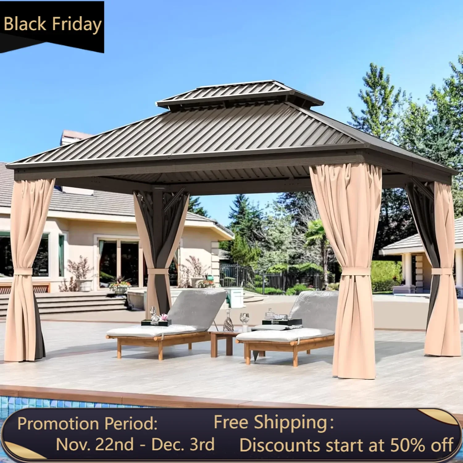 10x12FT Hardtop Gazebo with Aluminum Frame, Galvanized Gazebo with Nettings and Curtains, Permanent Outdoor Metal Pavilion