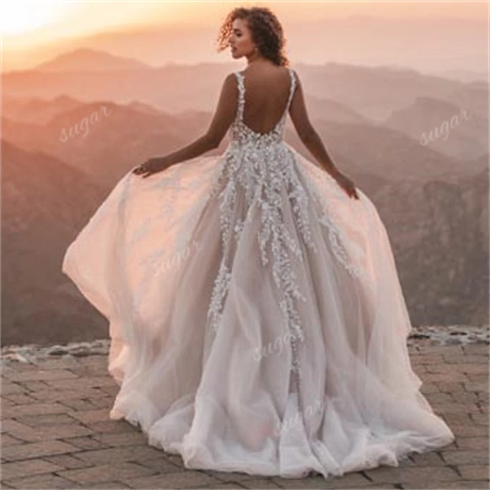 A Line Tulle Wedding Dress for Women Lace Applique Bridal Gown Sexy V Neck Sleeveless Formal Party Dresses robe de mariée