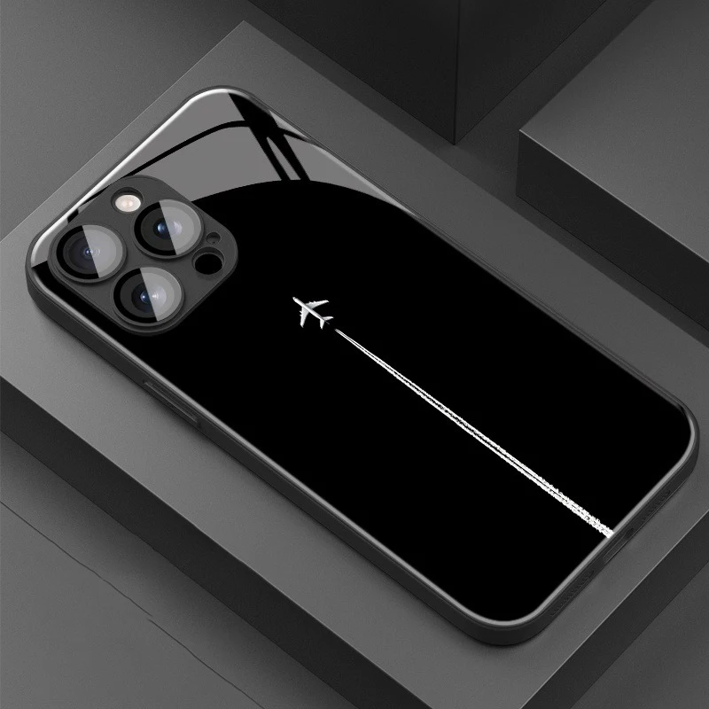 

Sky Airplane Contrail Pattern Tempered Glass Phone Case For iPhone 11 12 13 14 15 16 17 Pro Max 17Air 16E 7 8 Plus XR XS X Cover