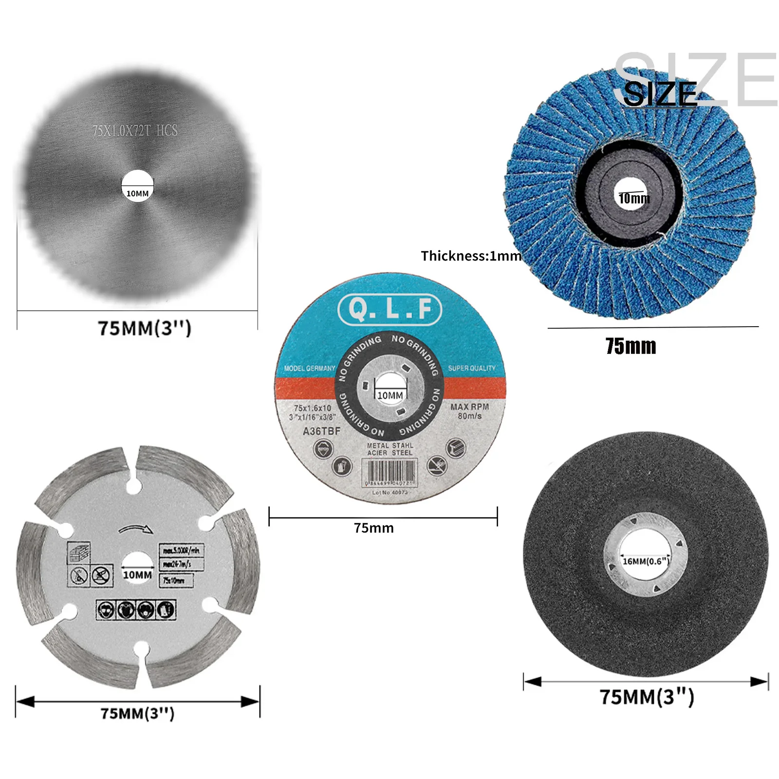 Metal Set Roda De Corte, Lã Disco De Moagem, Mini Lâmina De Serra, Pedra Angle Grinder Acessório, Ferramenta De Moagem, 75mm, 12Pcs