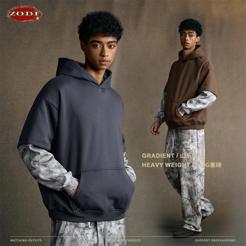 

ZODF модные зимние поддельные 2 предмета 340 г/м2 флисовые толстовки для мужчин унисекс High Street камуфляжные пуловеры с капюшоном и рукавами HY1153