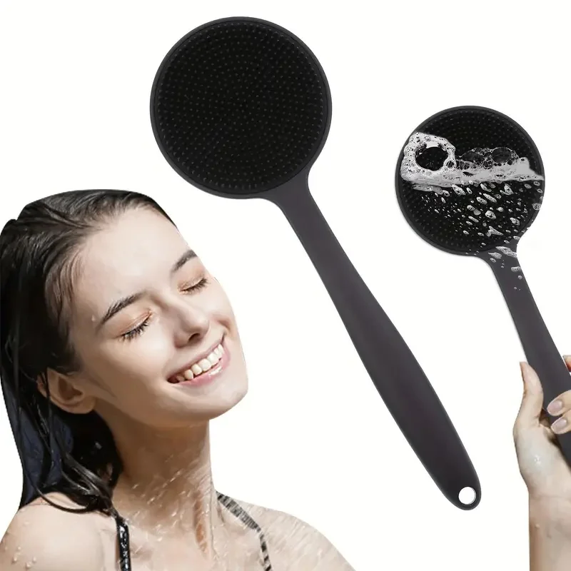 Double-Sided Silicone Back Scrubber with Bristles - Long Handle for Exfoliating and Cleaning Body in Shower or Bath - Bathroom