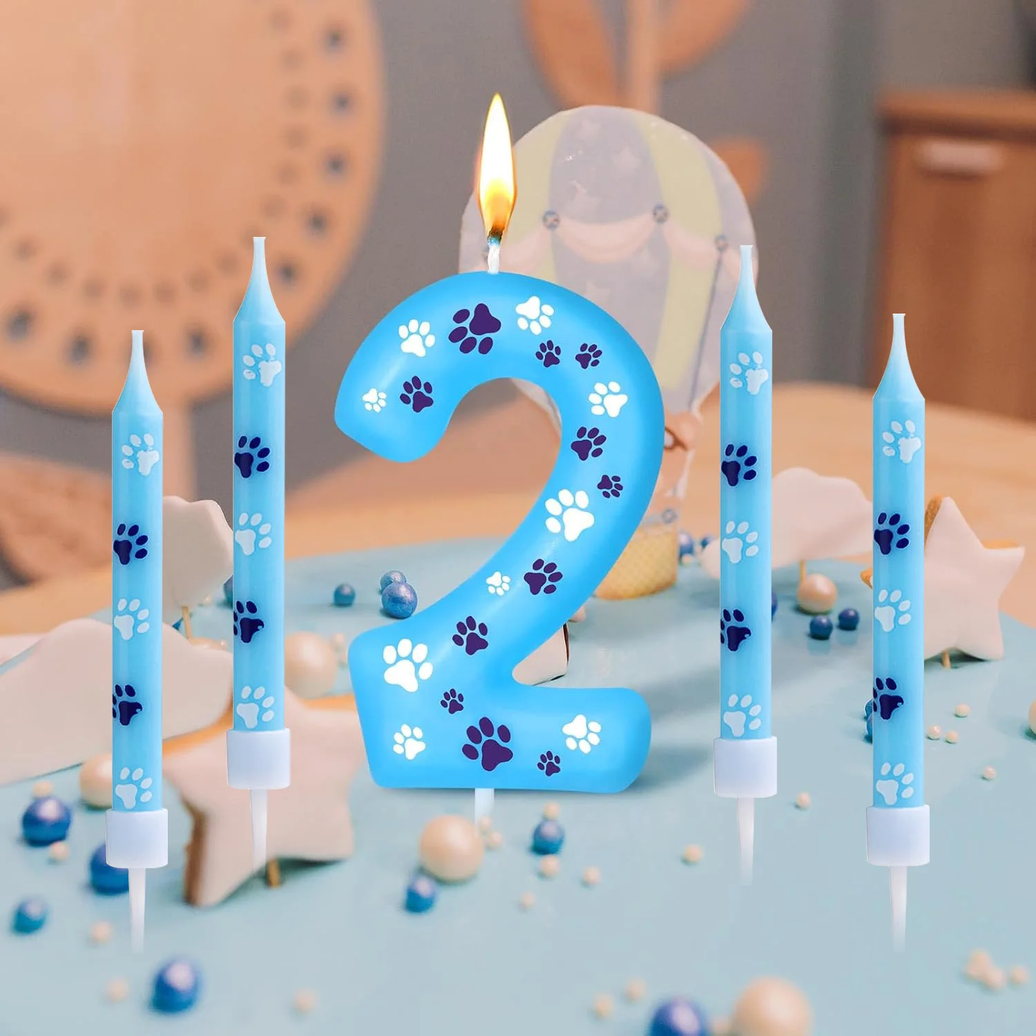 0-9 Blue and White Dog Birthday Candle Cake Top Digital Birthday Candle, Used for Boy and Girl Dog Claw Decoration Candles