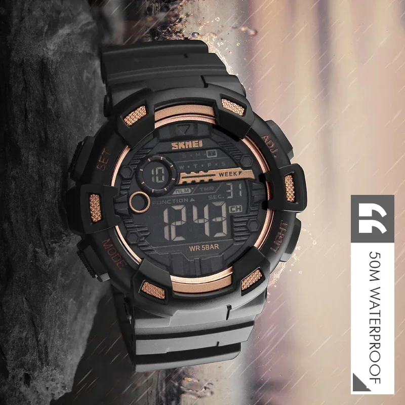 SKMEI-reloj Digital multifunción para hombre, cronógrafo con pantalla LED, resistente al agua, 5Bar, para deportes al aire libre, 1243