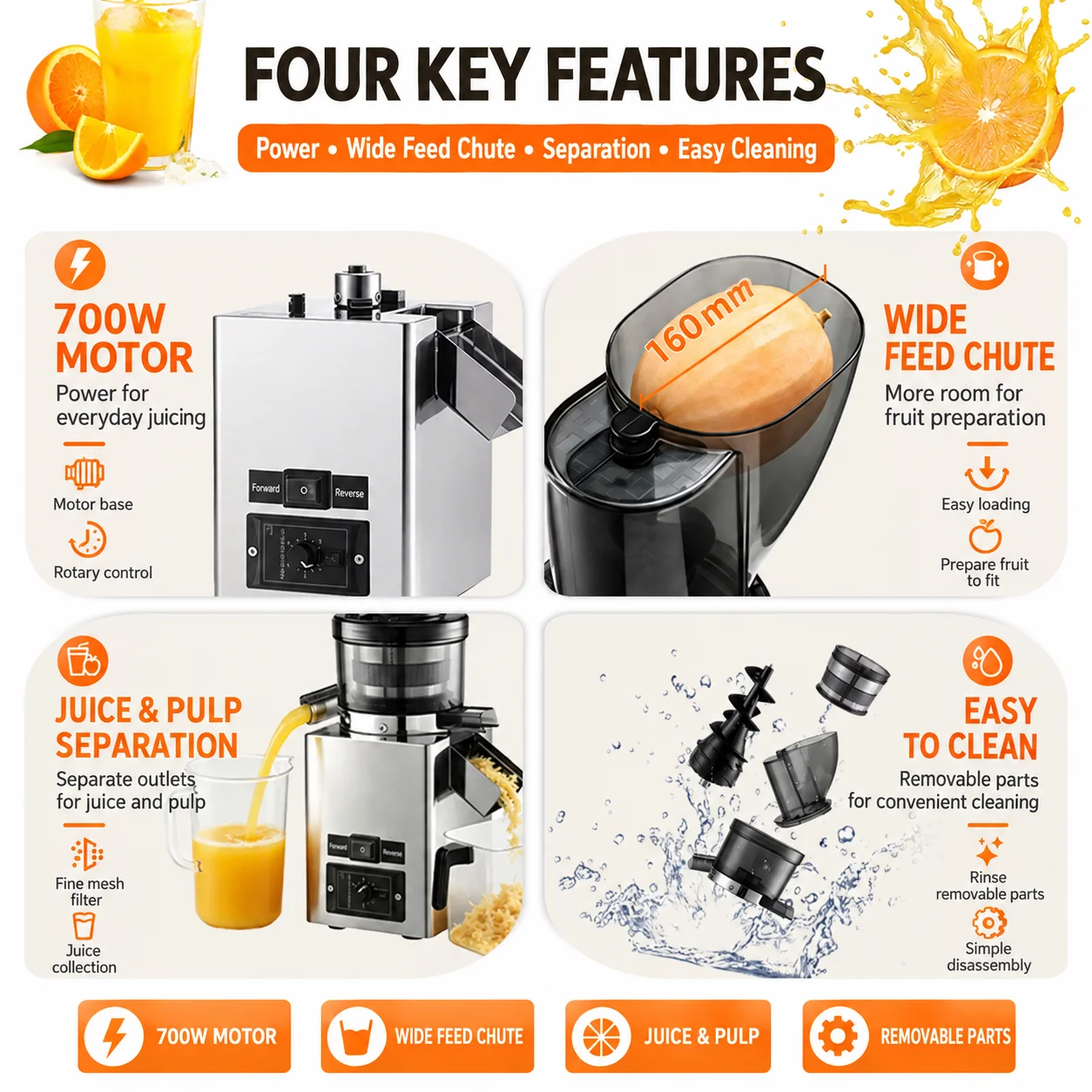 700W Commercial Slow Juicer, Stainless Steel Body, 160mm Wide Feed Chute, Juice and Pulp Separation for Juice Bars
