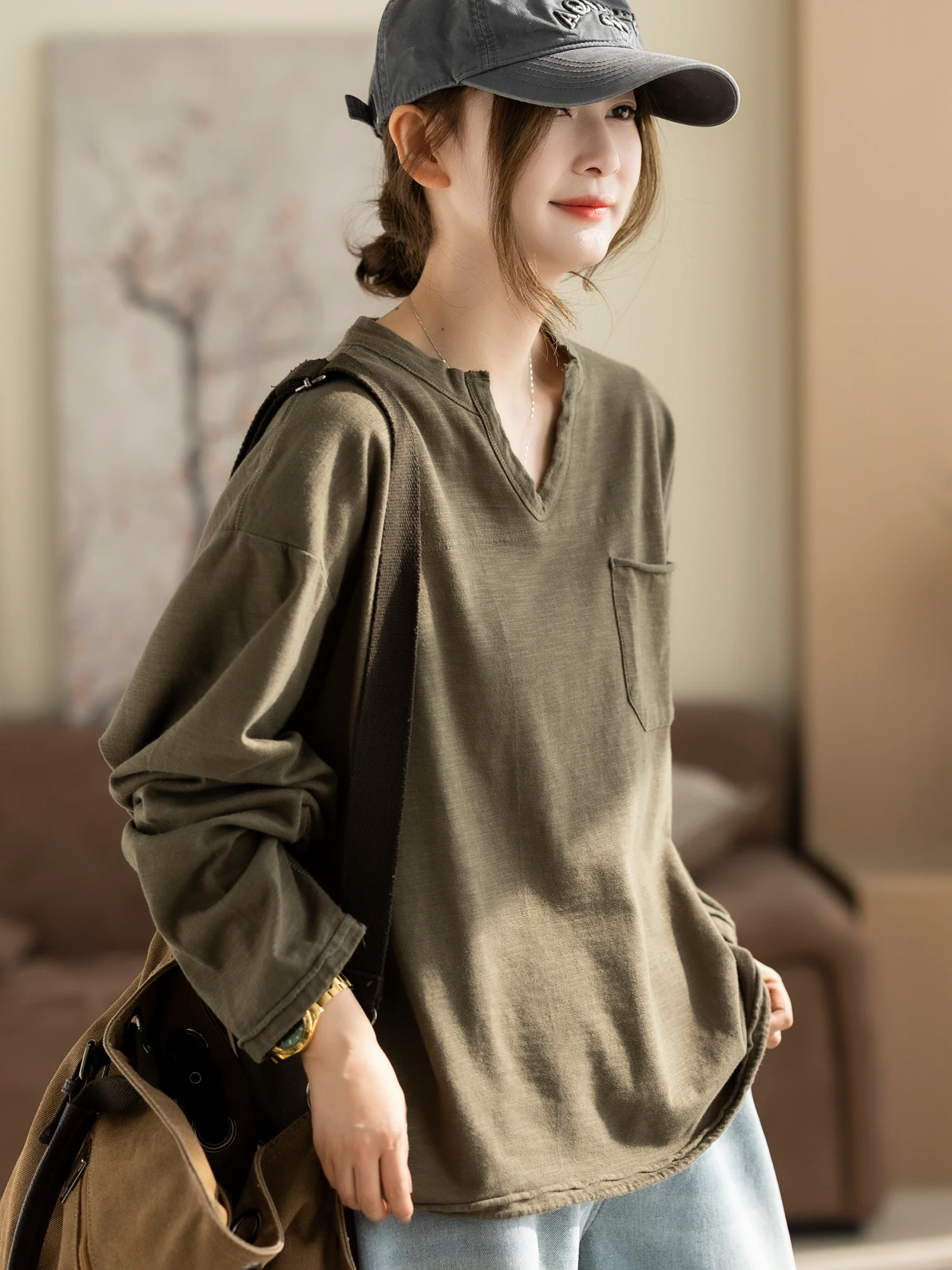 

Свободный крой, длинный рукав, V-образный вырез, повседневный свитшот/футболка с манжетами, из бамбукового хлопка, женский топ для повседневной носки