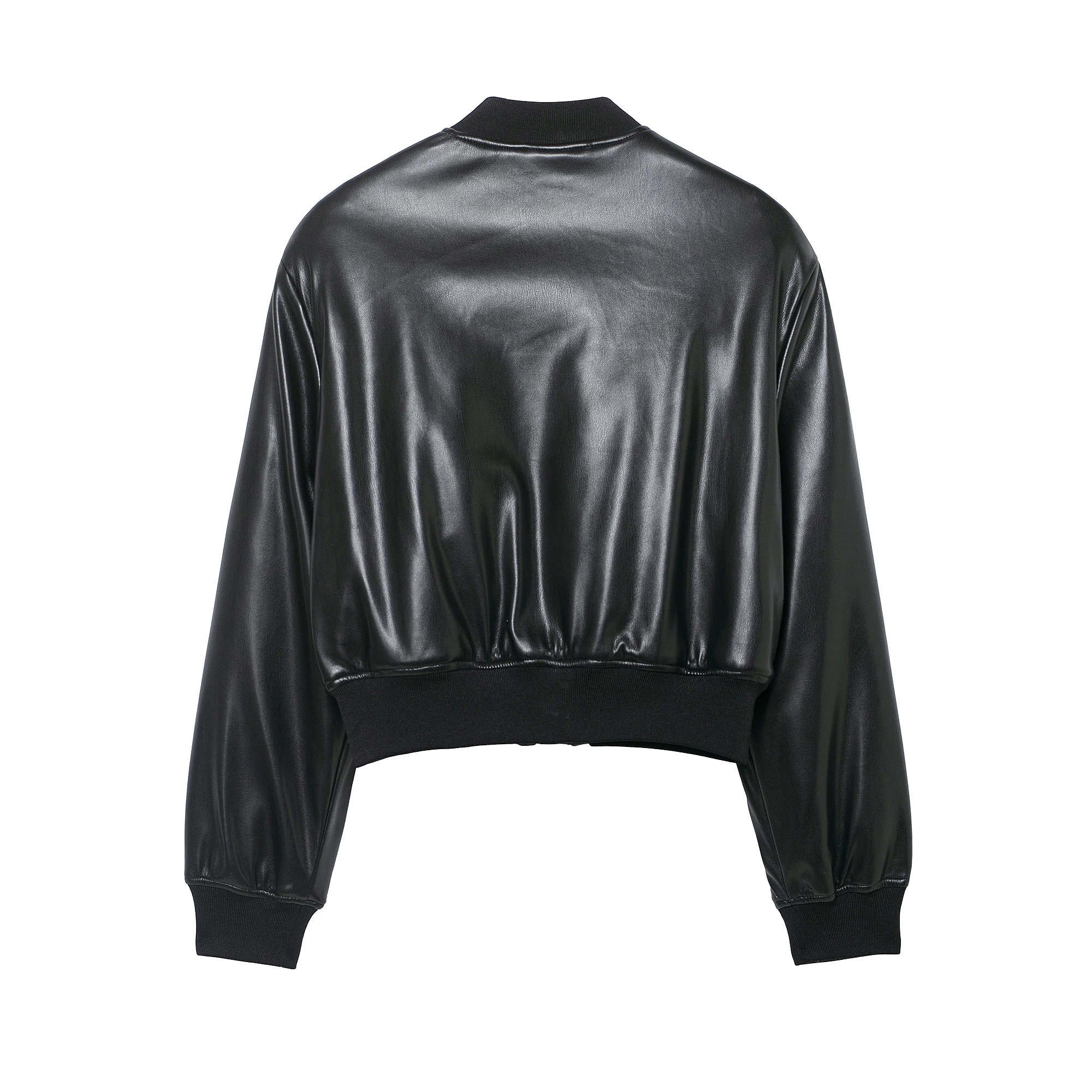 Duoperi moda feminina pu preto zíper frontal bombardeiro jaquetas casual o-pescoço mangas compridas feminino chique senhora outfits