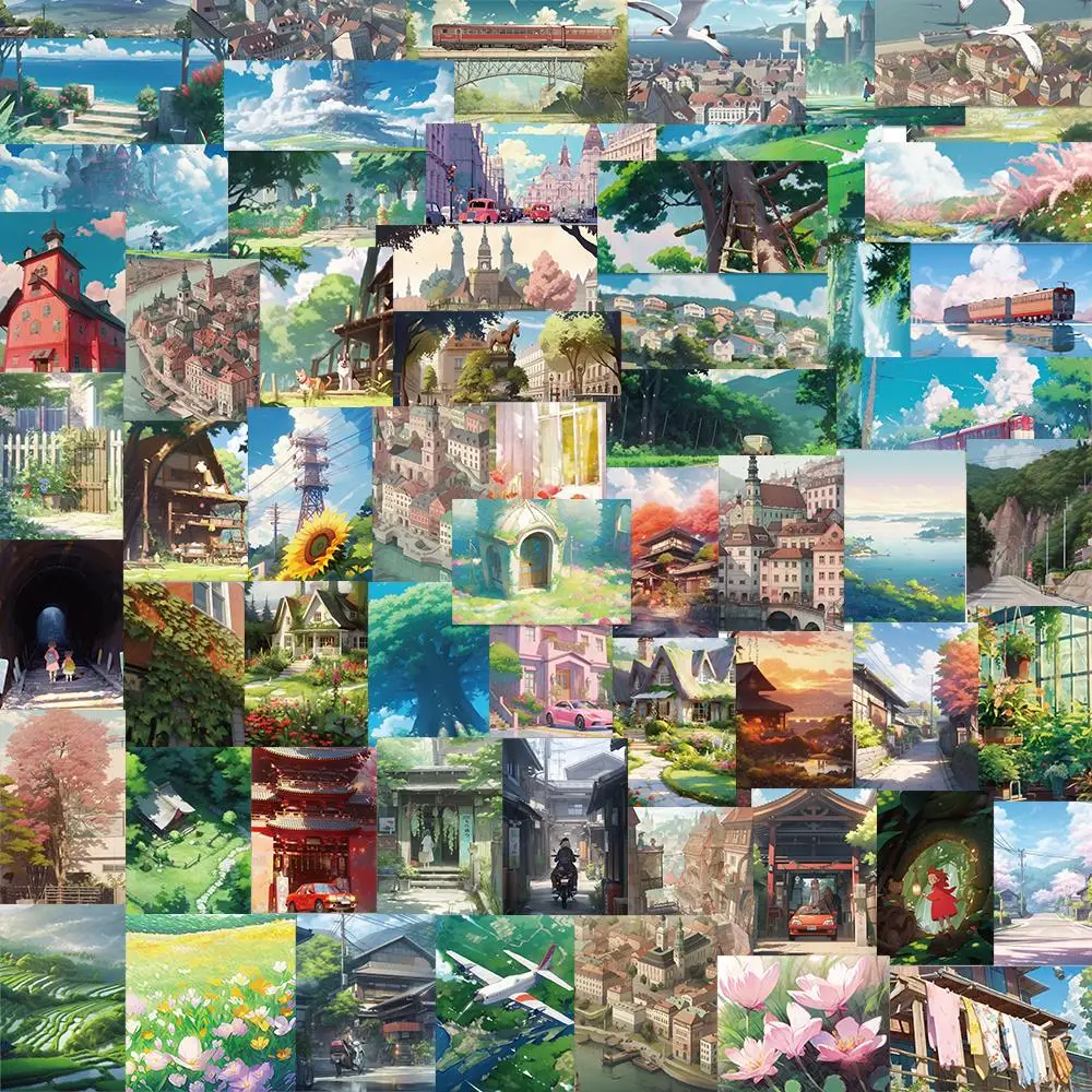 60PCS Cartoon Outdoor Street View Landscape Stickers Anime Scenery DIY Car Skateboard Laptop Graffiti Sticker Decal Toy