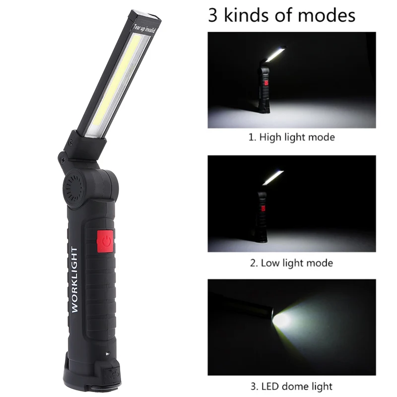 W52 Portable 5 Mode COB Flashlight Torch USB Rechargeable LED Work Light Magnetic COB Lantern Hanging Hook Lamp for Camping