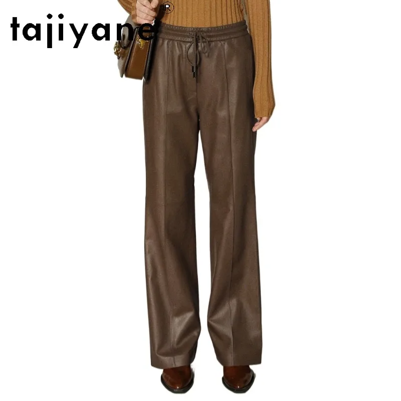 TAJIYANE Real Leather Pants Woman Sheepskin Straight Pants of Women Slimming Elastic Waist Office Lady Wide-leg Trousers Штаны