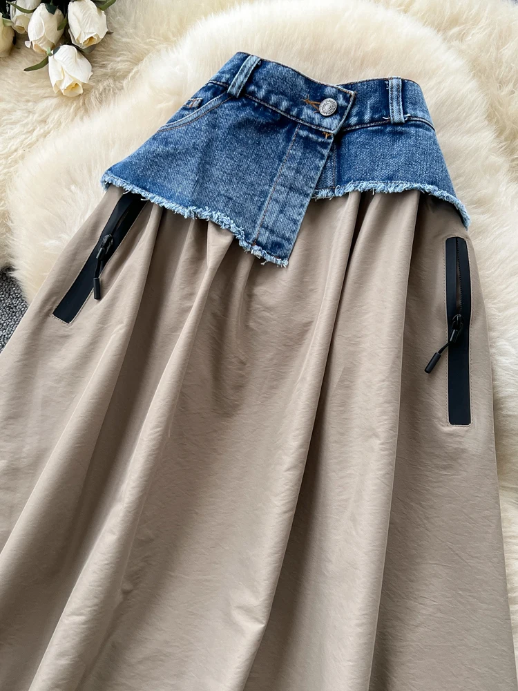Korean Style High Waist A-Line  Skirt Women's Commute Color Block Denim Slimming Skirts City Commute Standard Fit