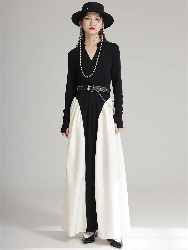 [EAM] Women Black Color-block Pocket Elegant Floor-Length Dress New V-Neck Long Sleeve Fashion Tide Spring Autumn 2024 1DH4922