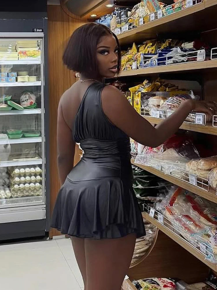 فستان منتصف الليل مثير غريب للنساء بكتف واحد وياقة منحرفة بدون أكمام مكشكش هوتي محب قابل للتمدد ملابس نادي الشارع النحيفة #5