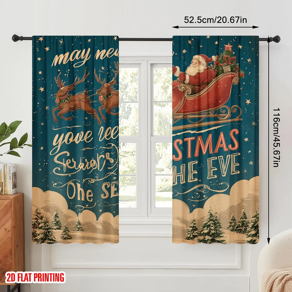 2pcs,2D plane printing Popular Curtain Panels Santa Sleigh & Snowflakes Polyester Fabric (without rod) Holiday for Bedroom,