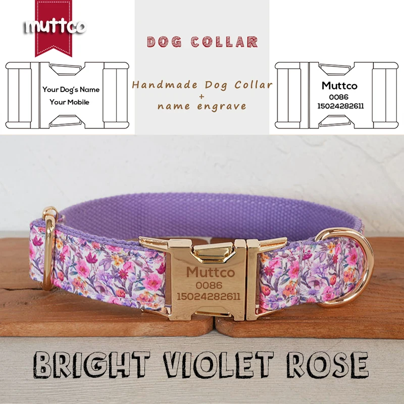 MUTTCO engraved metal buckle collar BRIGHT VIOLET ROSE personalized dog ID tag collar 5 sizes nameplate anti-lost supply UDC188