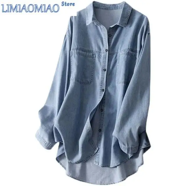 

New Denim Cotton Single breasted Turn-down Collar Women Blouse Shirt Long Sleeve Korean Fashion Vinatge Loose Female Blouses Top