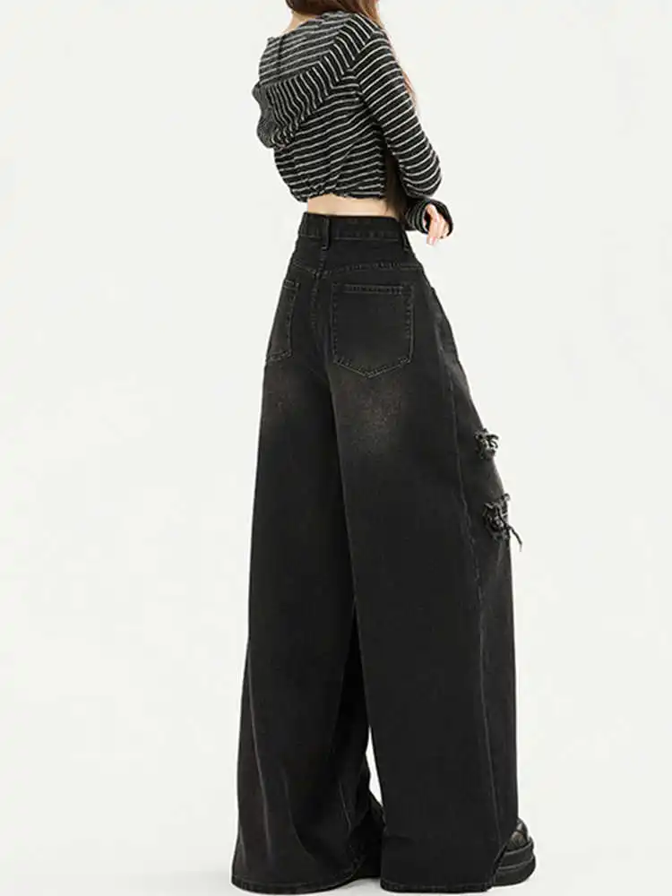 American Retro Plaid Patchwork Jeans Women Spring 2026 High Waisted and Slim Fit Loose Fitting Fake Hole Wide Leg Pants