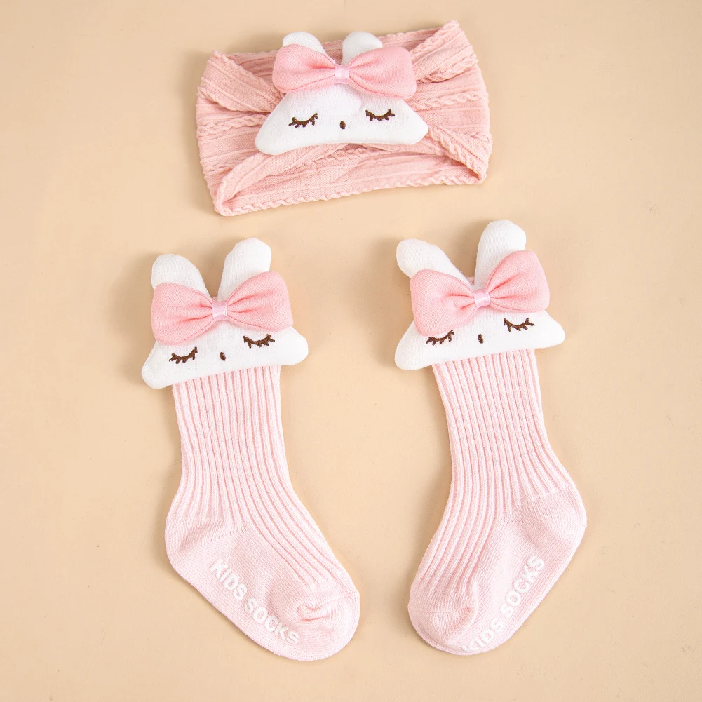 2-teiliges Set Oster-Hasen-Baumwollsocken & Stirnbänder für Babymädchen 0-12 Monate Neugeborene Spanische Strümpfe Rutschfeste Dicke Socken