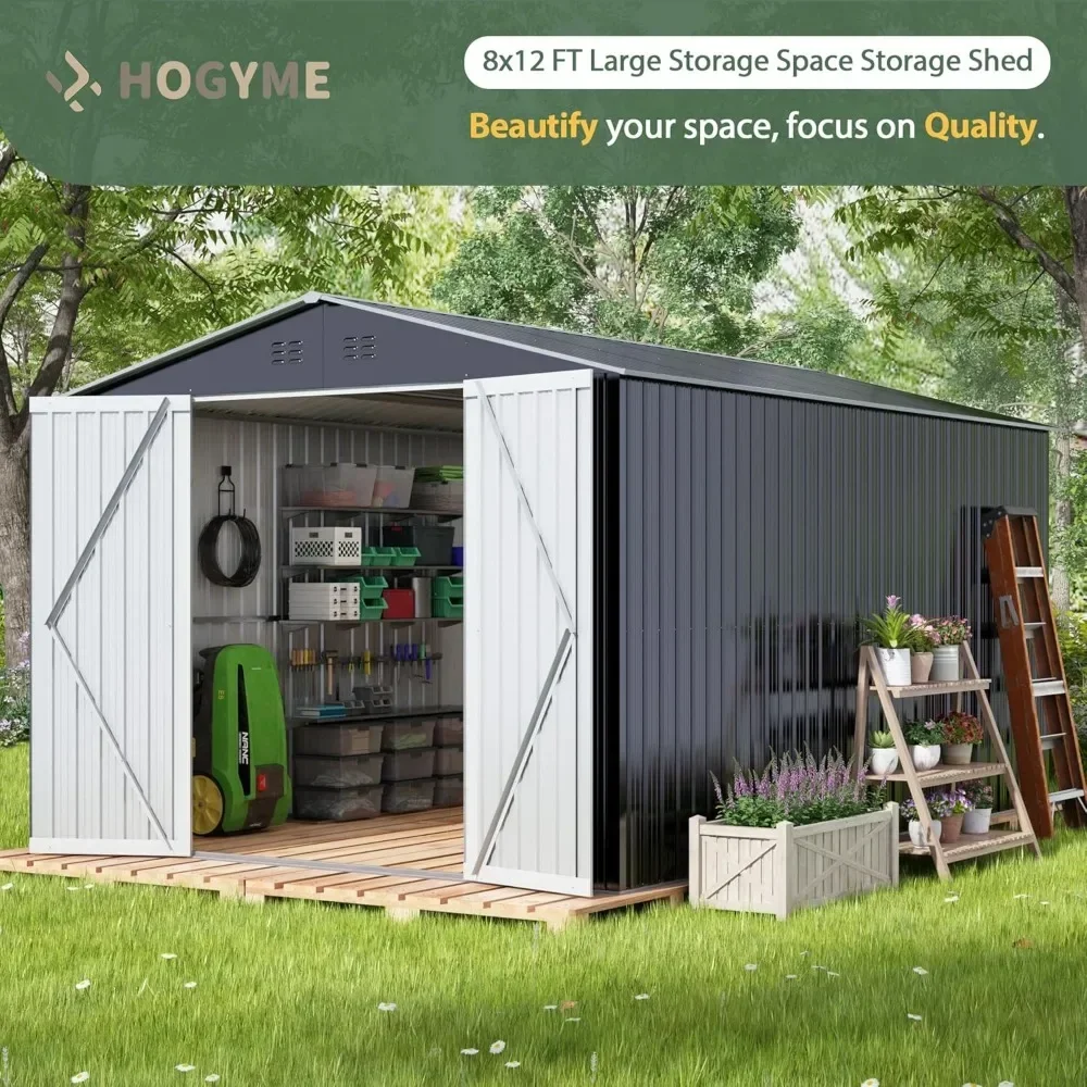 8 x 12 FT Outdoor Storage Shed, Large Metal Tool Sheds with Updated Frame Structure and Lockable Doors, Garden Shed