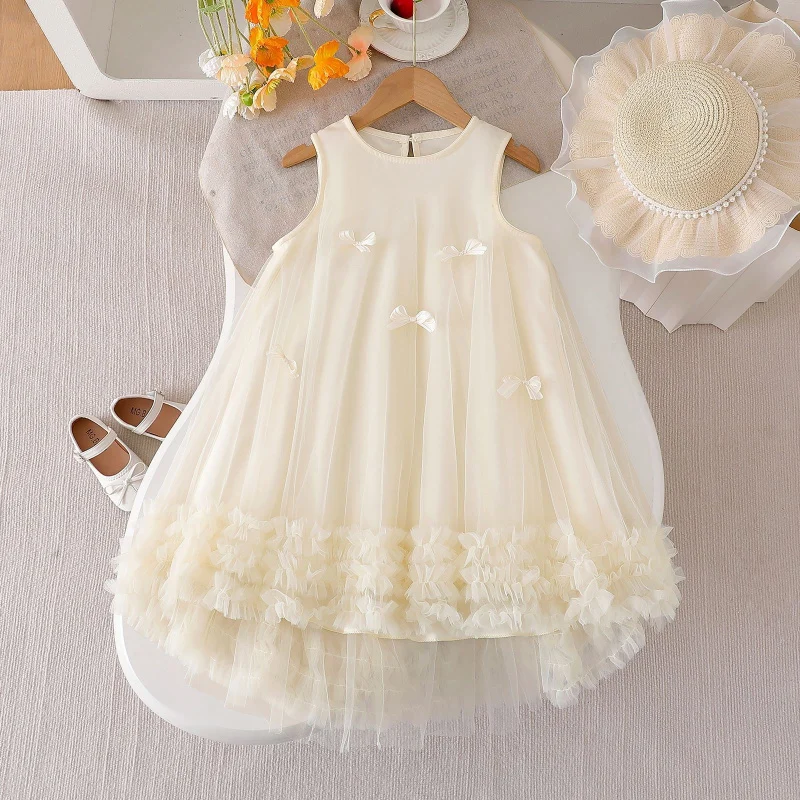 Girls' Off-White Sleeveless Princess Dress with 3D Bow and Mesh, Summer Children's Multi-Layered Ruffled Fairy Dress