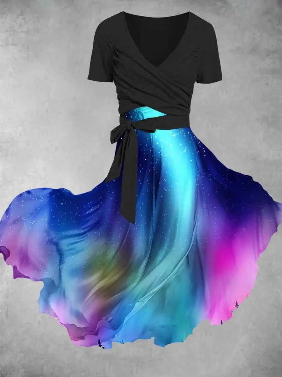 Popular Youthful Beautiful Busty Women Dresses Colorful 3D Short Sleeve Slim V-neck Long Dress Party Dress