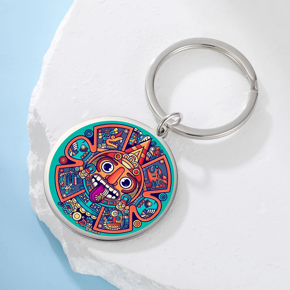Dawapara Aztec Solar Calendar Keychain Mayan Culture Wealth Fortune Protection Talisman Stainless Steel Jewelry