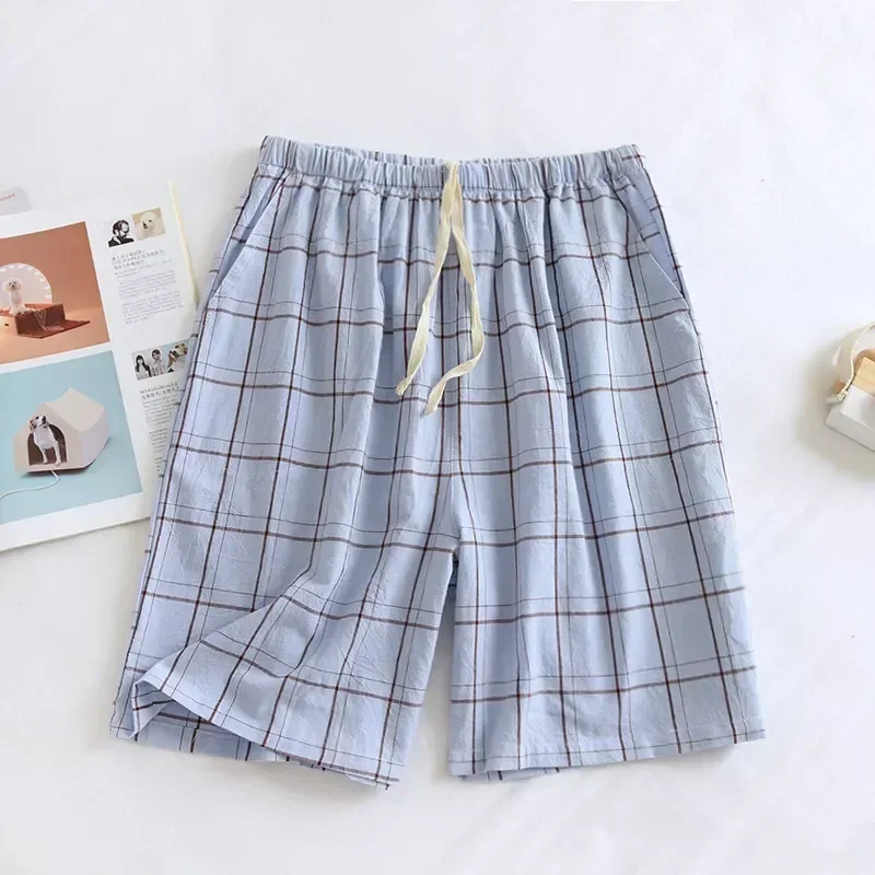 Summer Spot Five-point Men's Washed Cotton Large Grid Japanese Home Single Pajamas Shorts Pants Simple Thin Line