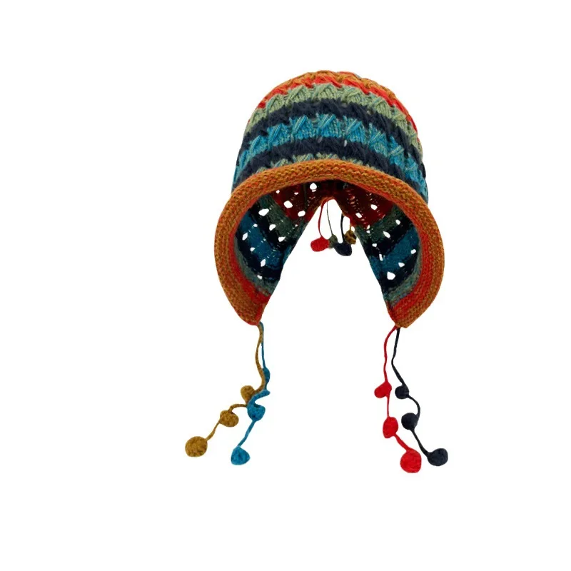 Korean fashion designer handmade crochet colored ball yarn hat for children\'s autumn and winter tie tassel pullover cold hat