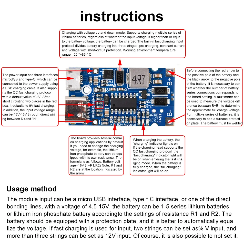 Lithium Battery Charger Module 2S 3S 4S Boost And Buck Support QC Fast Charging 18650 Type-C USB 4.5V-15V 18W Charging Module
