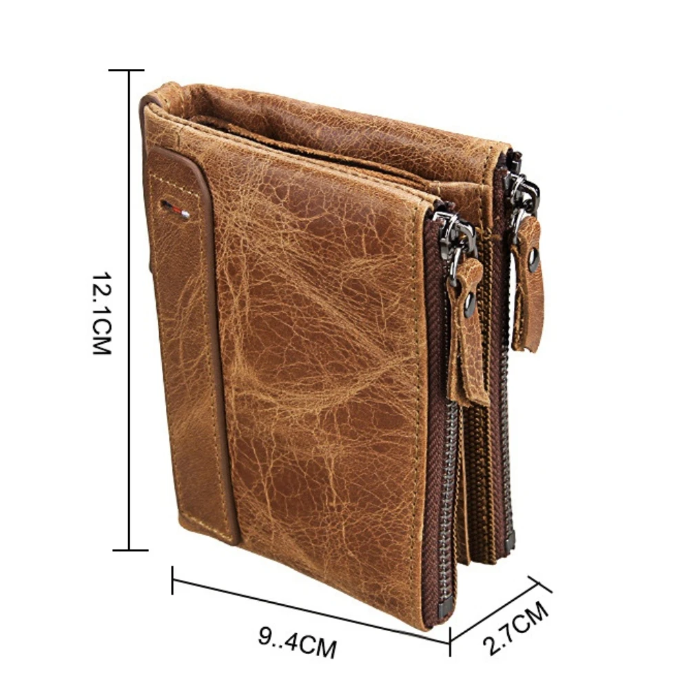 Crazy Horse Cowhide Men's Wallet / RFID Anti-theft Brush Cowhide Short Men's Ticket Wallet / Double Zipper Coin Wallet