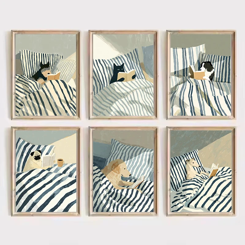 Cat Reading Print, Black Cat Wall Art, Cosy Bedroom Poster, Book Lover Cat Illustration, Cat in Bed Print, Reading Room Decor