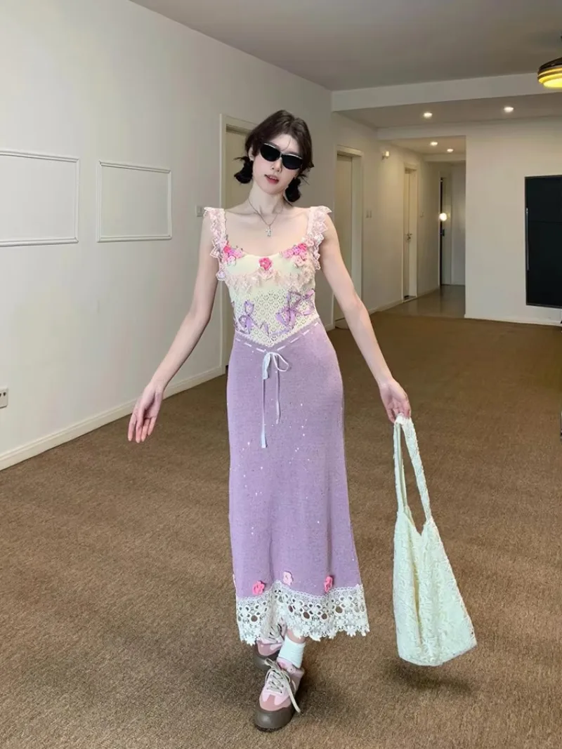 

French Three-dimensional Flower Strap Dress Women's Summer Hot Girl Purple Slim Knitted Dress Fashion Female Clothes