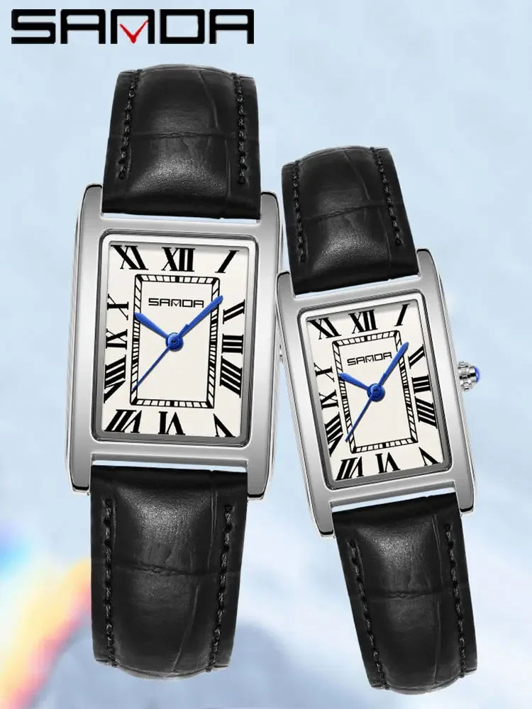 SANDA luxe réservoir Couple montre résistant à l'usure bracelet en cuir cadran carré étanche Sport décontracté femmes hommes montres à Quartz Reloj