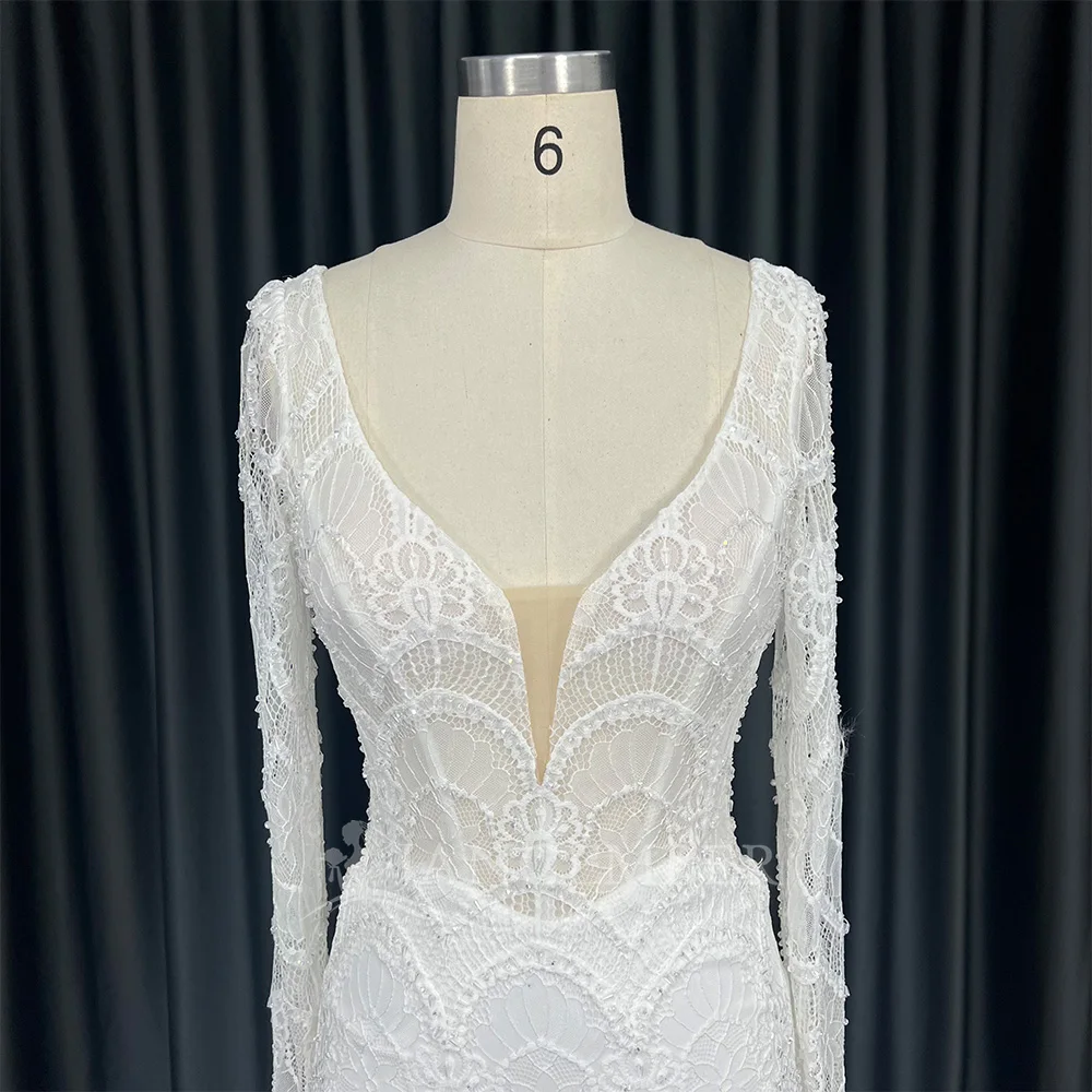Vestido de novia bohemio de encaje con cuello en V para playa, vestidos de novia de manga larga, cola de corte de sirena, Formal personalizado