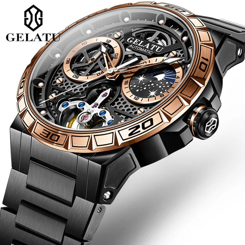 GELATU Tourbillon Automatic Mechanical Watches for Men 5Bar Waterproof Sapphire Luxury Black Steel Man Watch Relogios Masculino