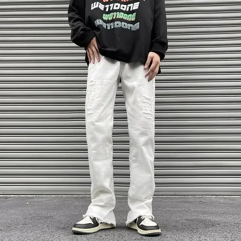 

2024 Y2K Streetwear Zipper Black Ripped Stacked Jeans Pants For Men Clothing Straight Hip Hop Goth Long Trousers Pantalon Homme