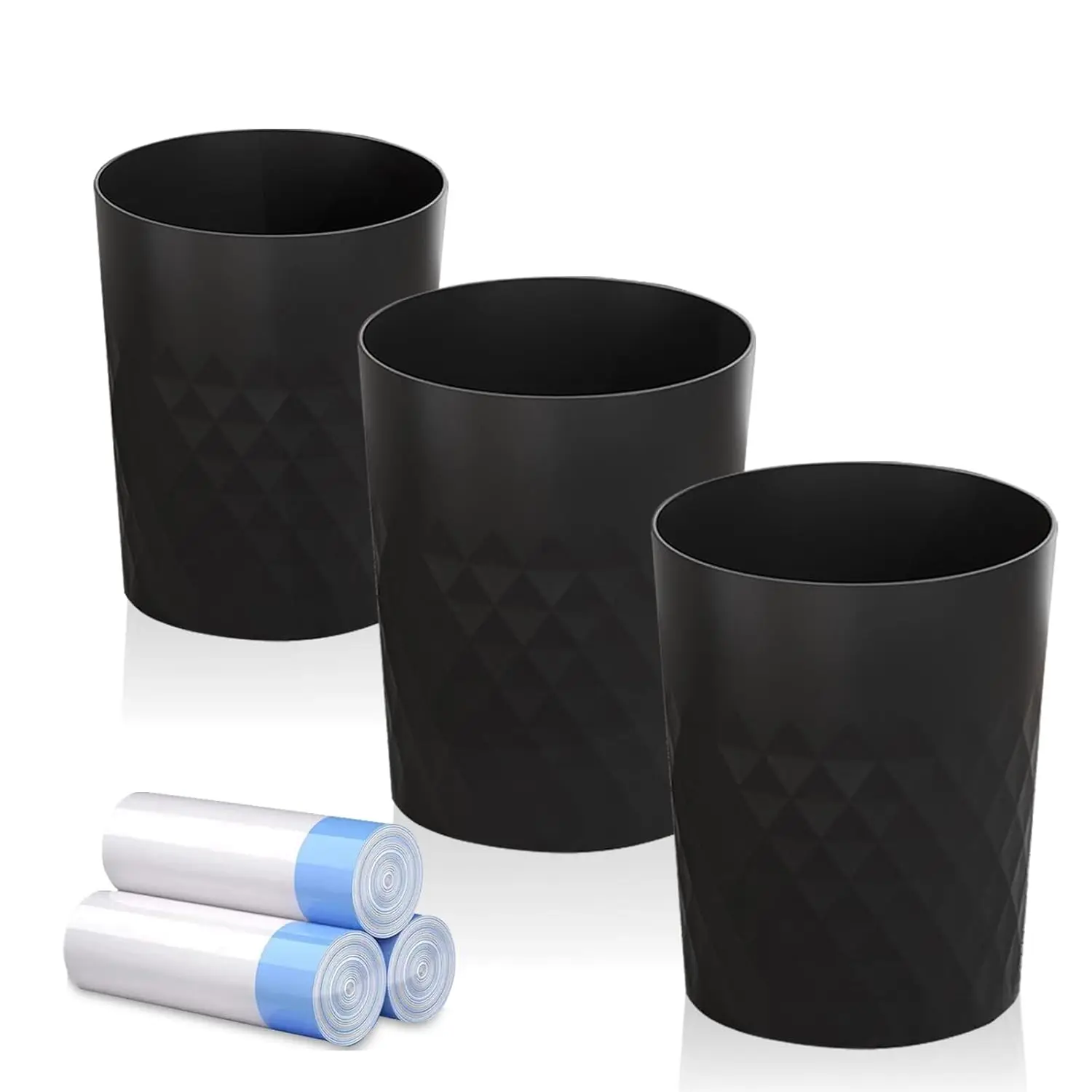 

3 Pack Small Round Trash Can with Bags for Bathroom, Kitchen, Bedroom, Office, Dorm, Craft Room in Black