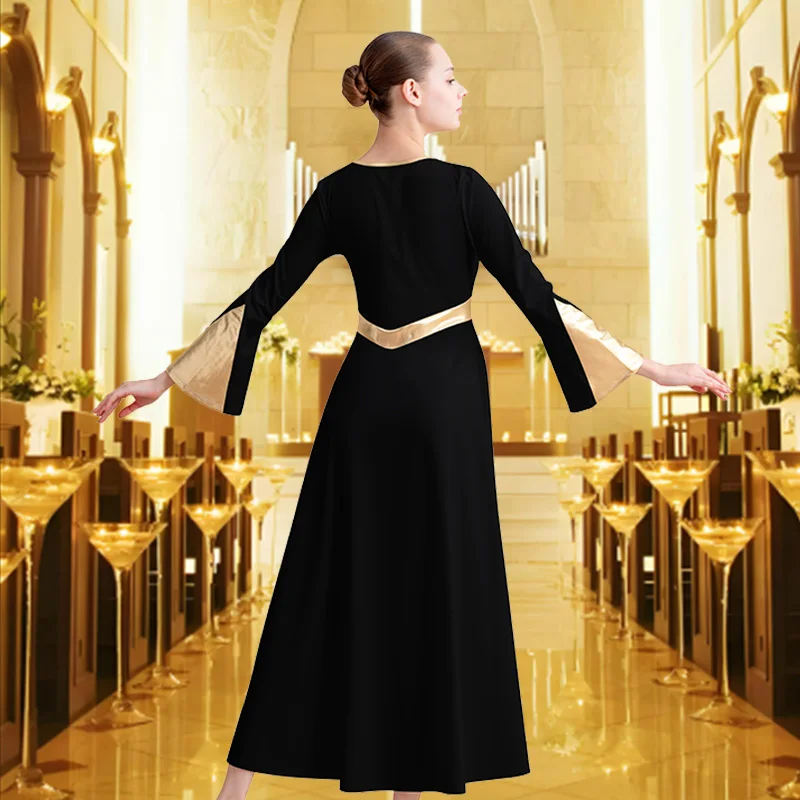 Women's Praise Dance Dress Long Sleeve Loose Fit Church Dancewear Metallic Full Length Liturgical Worship Costume Dance Dress