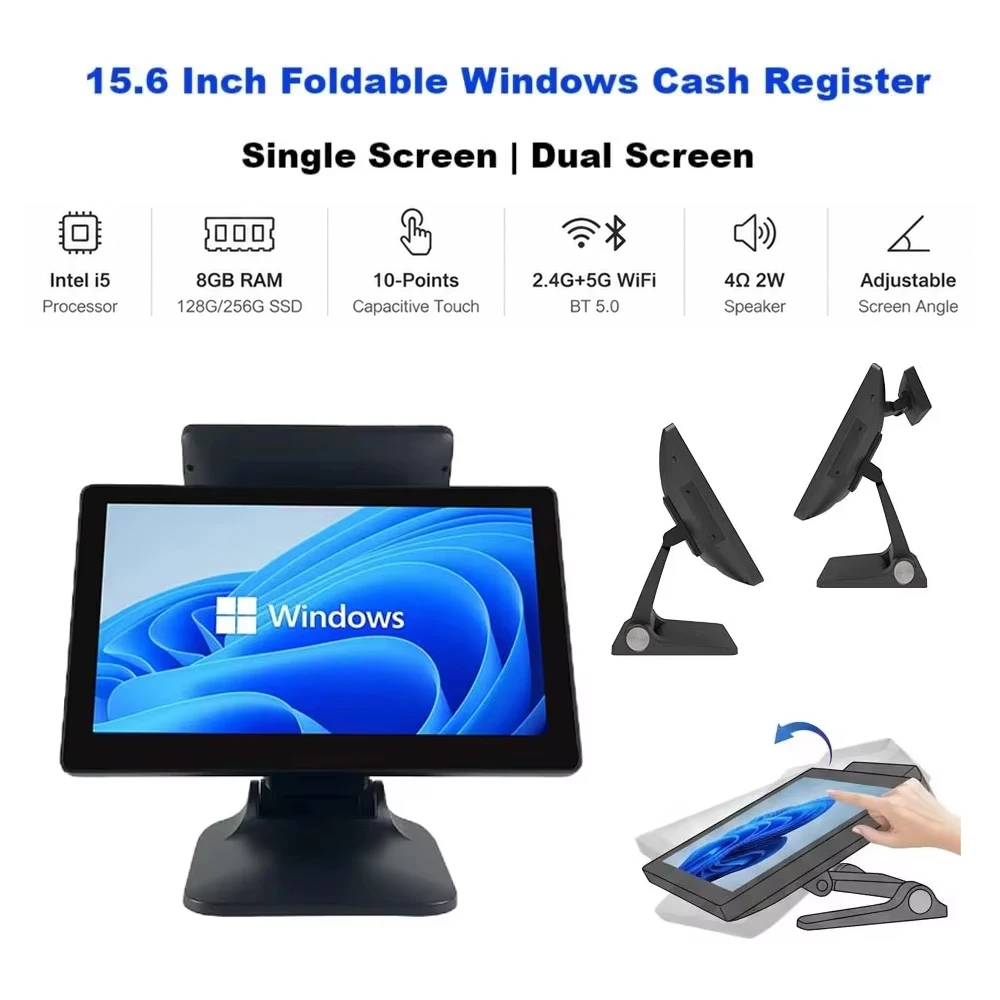 Intel I5 POS Terminal 8G 128G/256G 15.6' Foldable Touch Cash Register with Aluminum Stand for Retail Restaurant