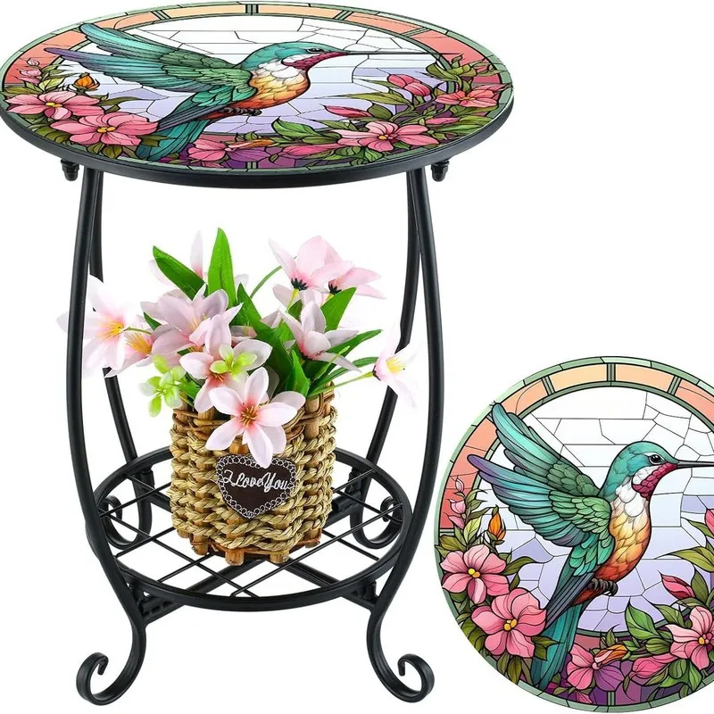 New European-style creative bird and butterfly circular mosaic iron art table for outdoor balcony garden storage rack