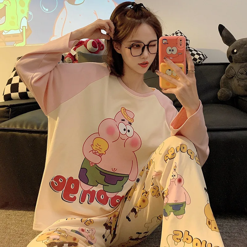 2-piece Set SpongeBob Patrick Star Sleepwear Women Pajamas Long Sleeved Trousers Cartoon Anime Autumn Cute Round Neck Homewear