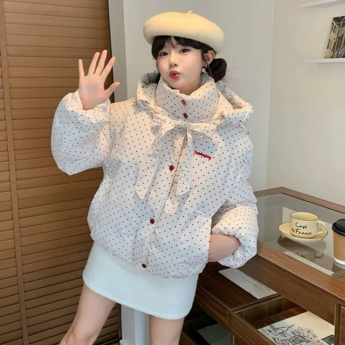 2025 أنثى الشتاء سميكة الدافئة تنوعا معطف الحلو كسول البولكا نقطة مطبوعة القوس مقنعين سترة قطن كلية نمط الخبز سترات