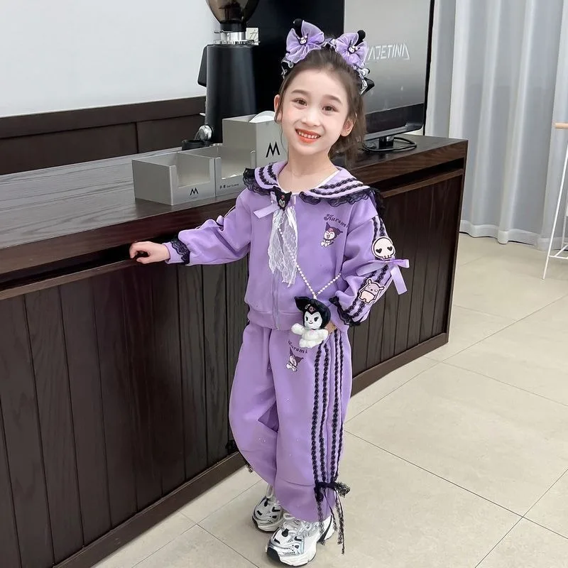 Sanrio Girls Kuromi Suit Spring and Autumn Fashion New Children's Style Sweatshirt Casual Two-piece Set Girls Holiday Gift