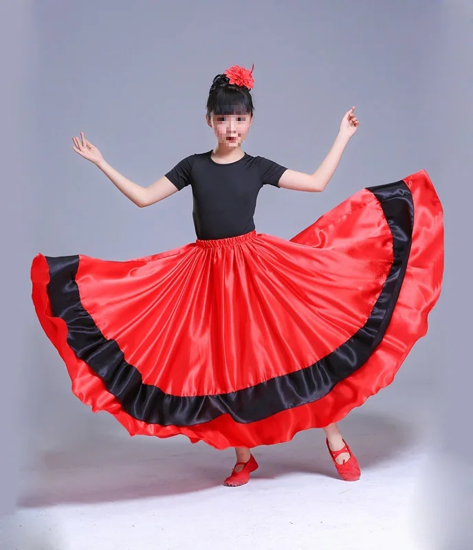 Kid Girls Gypsy Spanish Flamenco Skirt Satin Smooth Big Swing Carnival Party Ballroom Belly Dance Festival Stage Dress