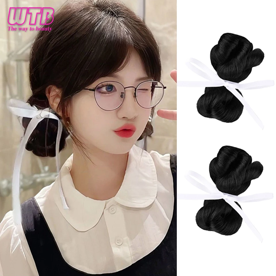 

WTB Synthetic Chignon Wig Female Fashion Sweet Cool Wind Duckbill Clip Ribbon Bubble Bud Double Buns