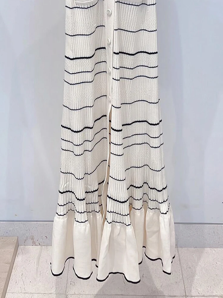 Elegancka damska długa dzianinowa sukienka w paski Niu Wang Sle na jesień i zimę, miękka, z włókna poliestrowego, o średniej elastyczności, o kroju A...