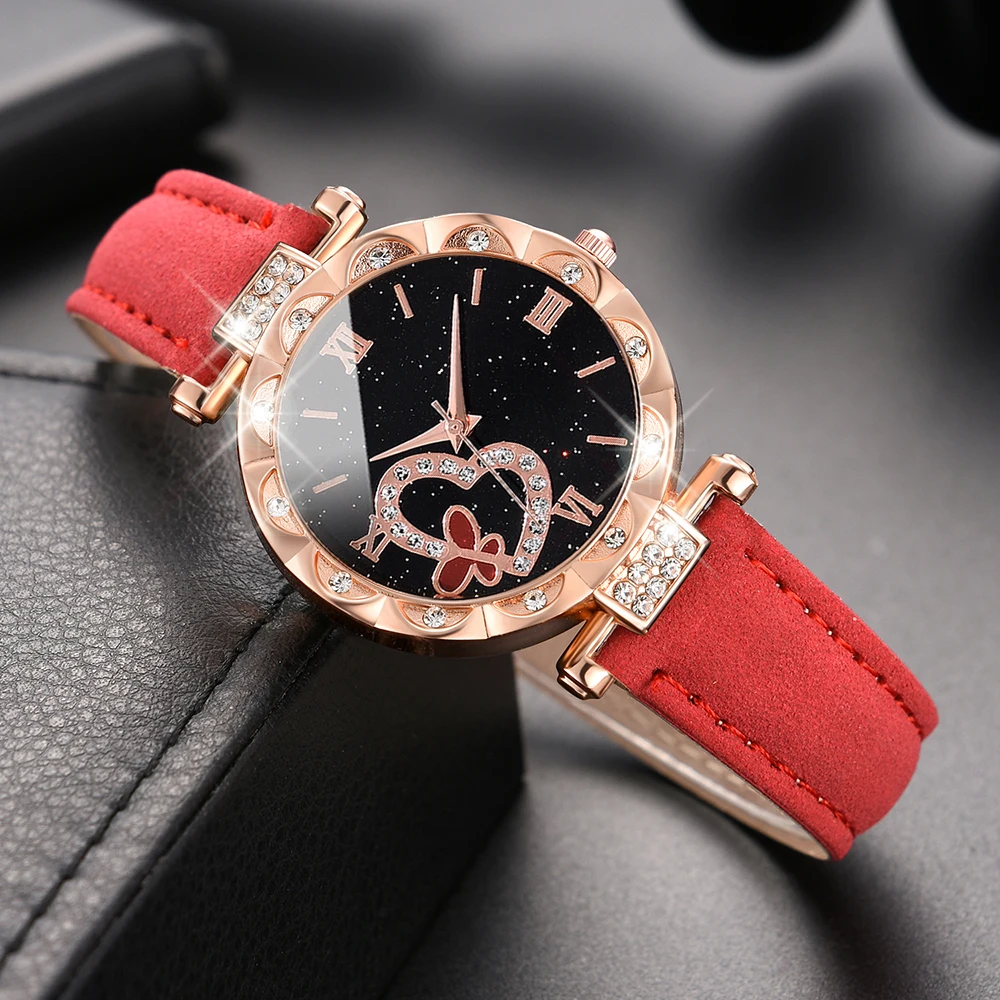 Red Ladies Quartz Watch 6PCS/Set Butterfly Heart Element Wristwatch PU Leather Strap Women Watch Jewelry Set Gift For Mom