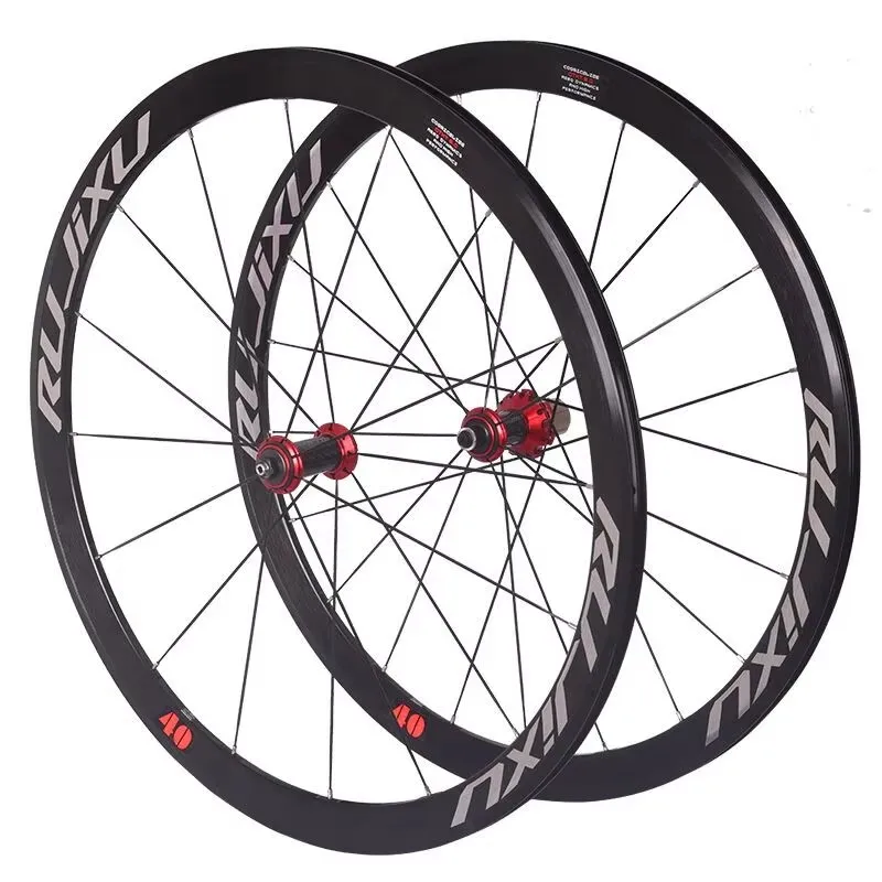 RUJIXU Bike wheel set 700C silver logo red hub 40mm alloy rim black Carbon Fiber HUB V/C brake wheel set road wheel set