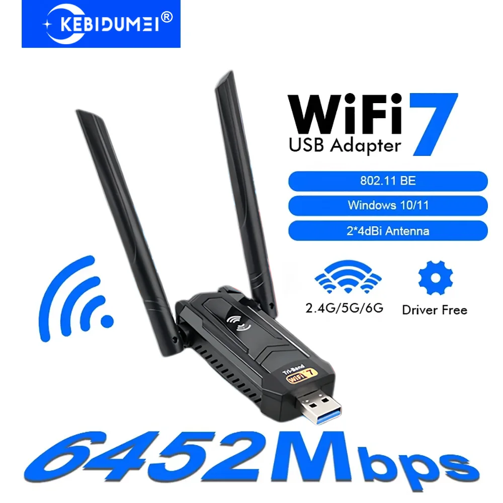 

KEBIDUMEI 6500 Мбит/с WiFi 7 USB-адаптер Wi-Fi USB 3.0 802.11BE, трехдиапазонный Wi-Fi-донгл 2.4G/5G/6ГГц, сетевая карта для Win10/11, без драйверов