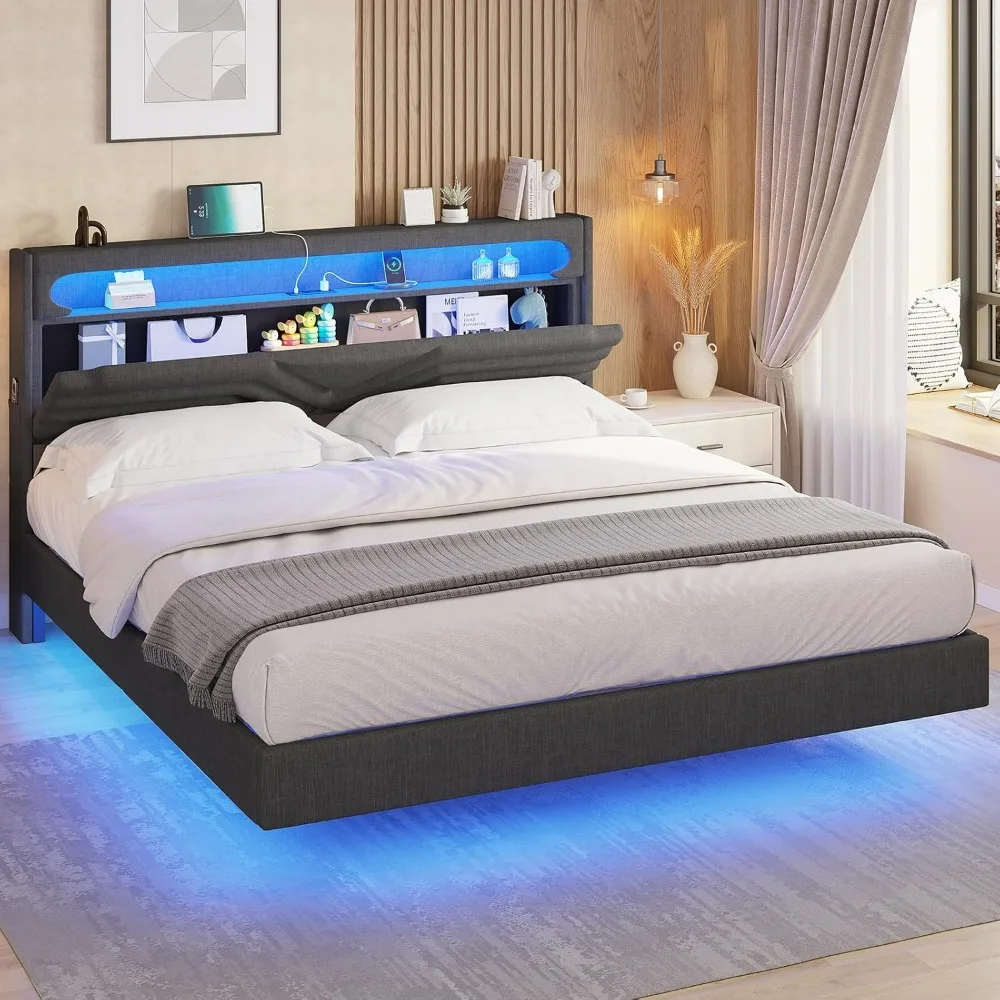 Struttura letto completamente galleggiante con testiera luminosa a LED, stazione di ricarica USB e tipo C, struttura letto con piattaforma imbottita a grandezza naturale